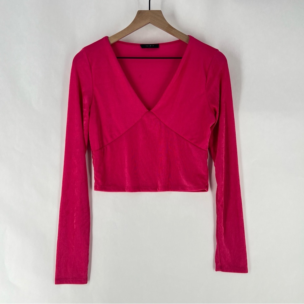 21 Saints Slinky Stretch Elegant Pink Womens Long Sleeve V-Neck‎ Crop Top Size L